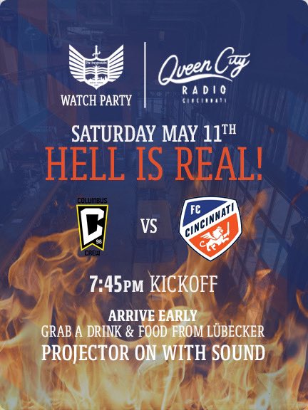 This Saturday HELL IS REAL! Come  watch <a href="/fccincinnati/">FC Cincinnati</a> take on the Charlie Browns up north with us at Queen City Radio! Get there early and grab some food from the food truck- Match starts at 7:45pm. 🔶🔷🔶🔷🔶🔷🔶🔷
#hellisreal #fccvscrew #allforcincy