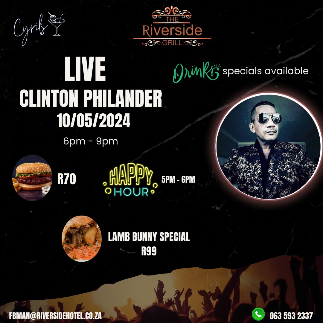 Make your booking for this Friday 10th May for live music with Clinton Philander from 6pm -9pm! Contact fbman@riversidehotel.co.za or whatsapp 063 593 2337. #riversidegrill #livemusic #fridayfun #friday #bunnychow
