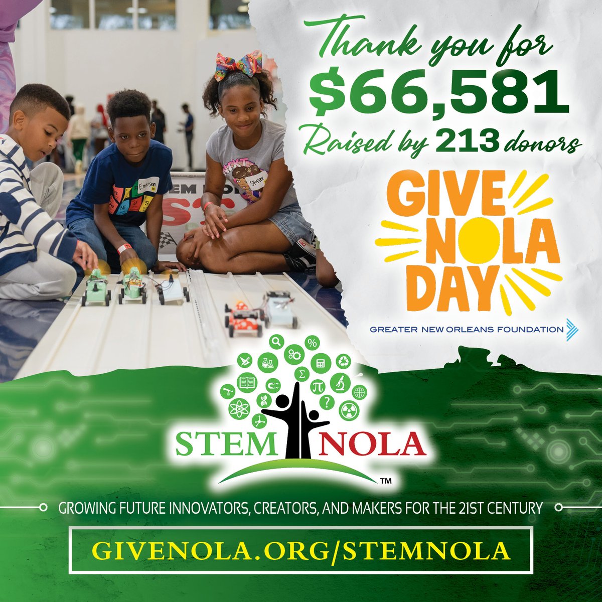 THANK YOU to the 213 donors gave $66,581 to support STEM NOLA in carrying out our mission! Your donations serve as a testament to your belief in our mission to expose, inspire, and engage the next generation of innovators, creators, and makers.

#STEMforALL #YOUbelonginSTEM