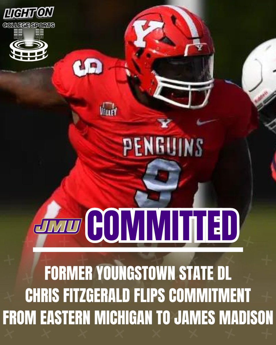 Former Youngstown State DL Chris Fitzgerald has flipped his commitment from Eastern Michigan to James Madison. 🐶🔥 He recorded 36 tackles, 5 tfl, 3 sacks, & 1 ff during the 2023 season. #GoDukes @Fitz2000Chris