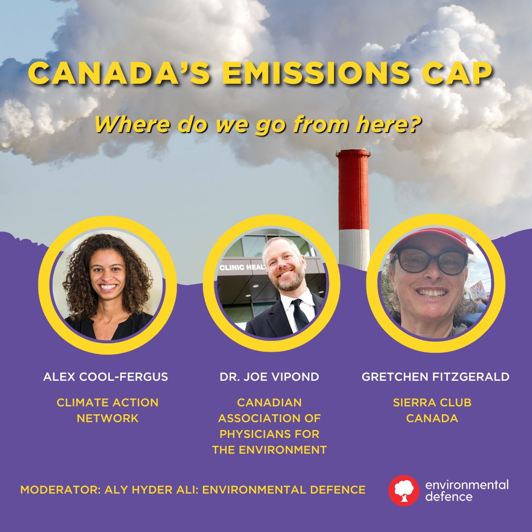 Want to know more about Canada's Emissions Cap policy and what it means for #climate and #health? Look no further! Catch @CAPE_ACME's @jvipondmd, @CANRacCanada's Alex Cool-Fergus and @SierraClubCan's @GreenMission on this panel next week. RSVP here: act.environmentaldefence.ca/page/148596/pe…