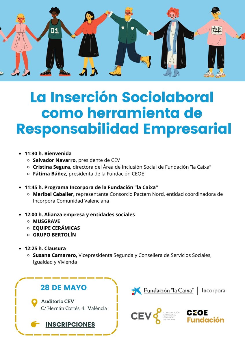 📌El próximo 28 de mayo abordaremos el valor de la inserción sociolaboral como herramienta de desarrollo de la #RSE y conoceremos el Programa #Incorpora @FundlaCaixa @Fundacion_Ceoe ⏰28 de mayo - 11.30 h 📍 Auditorio CEV #València ⌨️ ¡Inscríbete! cev.es/eventos/la-ins…