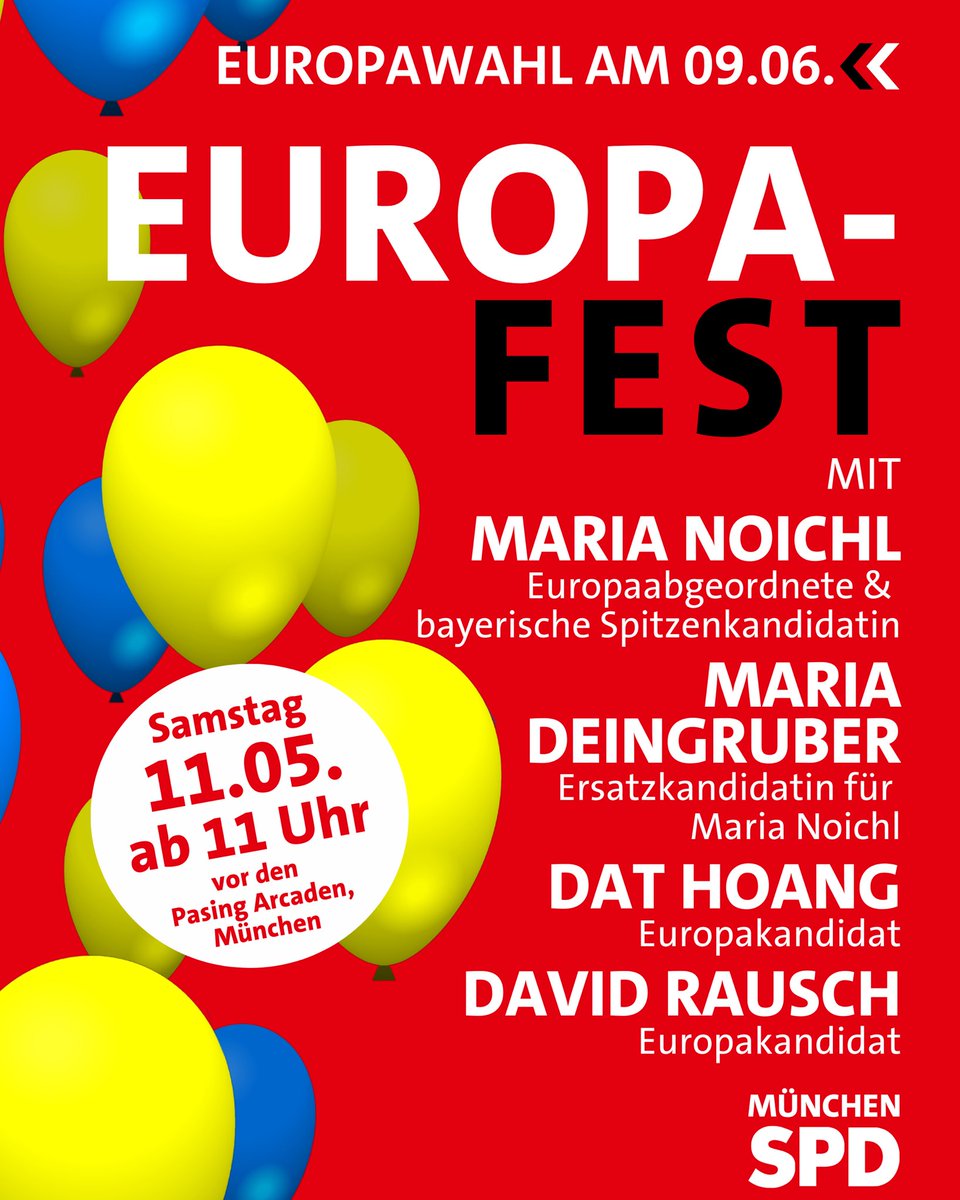 Am 11. Mai laden @spdpasing und @SPDObermenzing dich ein zum Europafest! 🎈 Wir freuen uns auf unsere bayerische Spitzenkandidatin @MariaNoichl sowie ihre Ersatzkandidatin @wortesuchen und Europakandidaten @DinhDat_Hoang und @davrausch . #Europafest #Europawahl #Europa