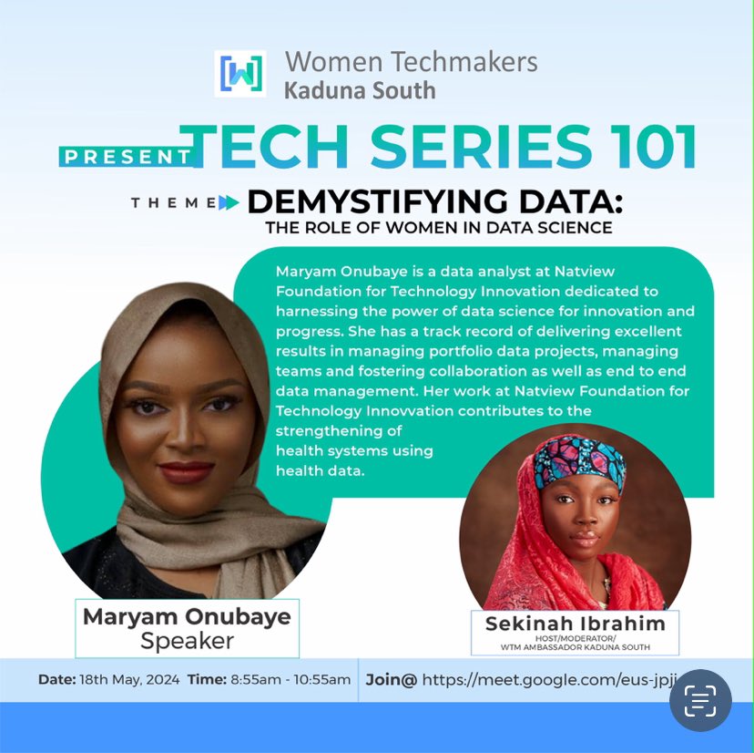 Calling all Women in Tech: 👩🏽‍💻 

Women Techmakers Kaduna South TECH SERIES 101 is Here!*

Join us for an exciting event focused on Demystifying Data: The Role of Women in Data Science.*

Date:May 18th, 2024
Time:9:00 AM WAT
Location:GoogleMeet (meet.google.com/eus-jpji-qoa)