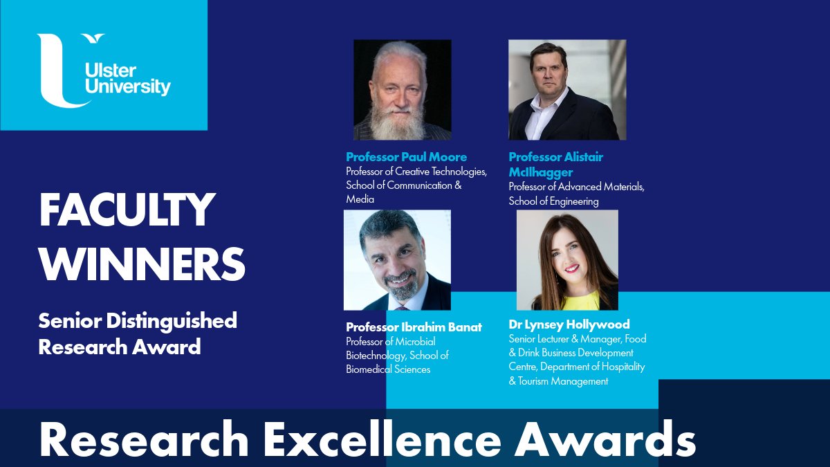 Our next award is the Faculty winners for Senior Distinguished Research, for those who have compiled a continuing record of outstanding research. Congratulations to Professor Paul Moore, Professor Alistair McIlhagger, Professor Ibrahim Banat & Dr Lynsey Hollywood. #ProudOfUU