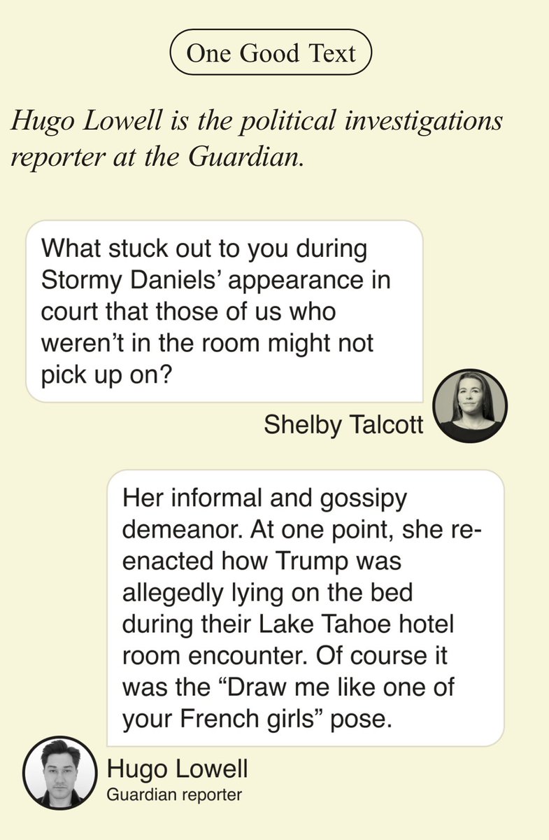A “One Good Text” from @hugolowell, who was inside the court room yesterday for Stormy Daniels’ testimony in the Trump hush money case:
