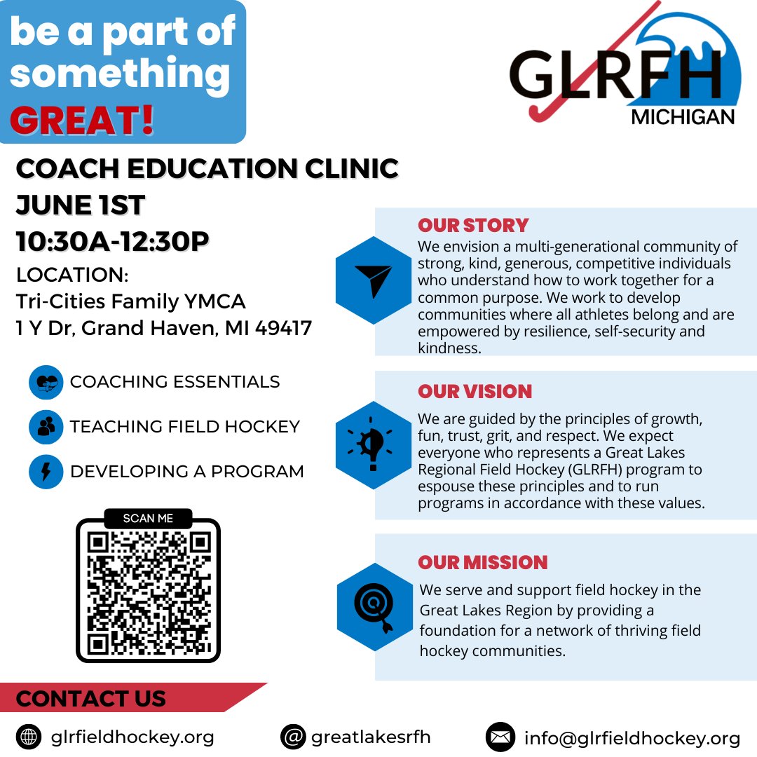 Michigan Coach Education Opportunity! This clinic is FREE to MHSFHCA & GLRFH coach members, $25 for non-members. scan the QR code for the registration form! glrfieldhockey.org @mhsfha @mhsaa @usafieldhockey #coach #coacheducation #growthegame #fieldhockey