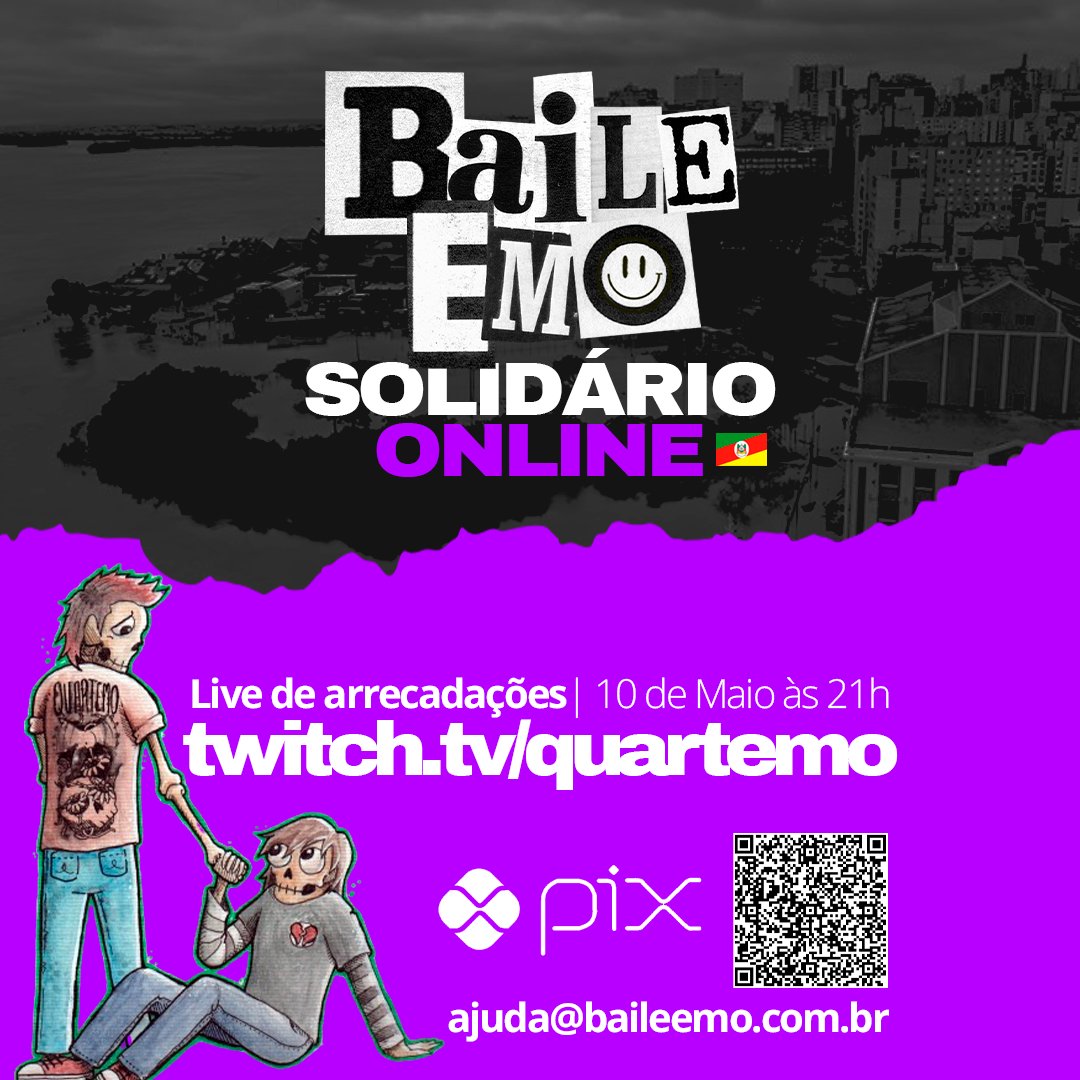 Baile Emo solidário 🆘RS

Nessa sexta-feira, juntaremos diversos DJs e bandas pra fazermos juntos uma live pra ajudarmos nosso povo do RS. 

À partir das 21hrs em twitch.tv/quartemo

Se você puder, já pode doar a partir de agora na chave pix ajuda@baileemo.com.br