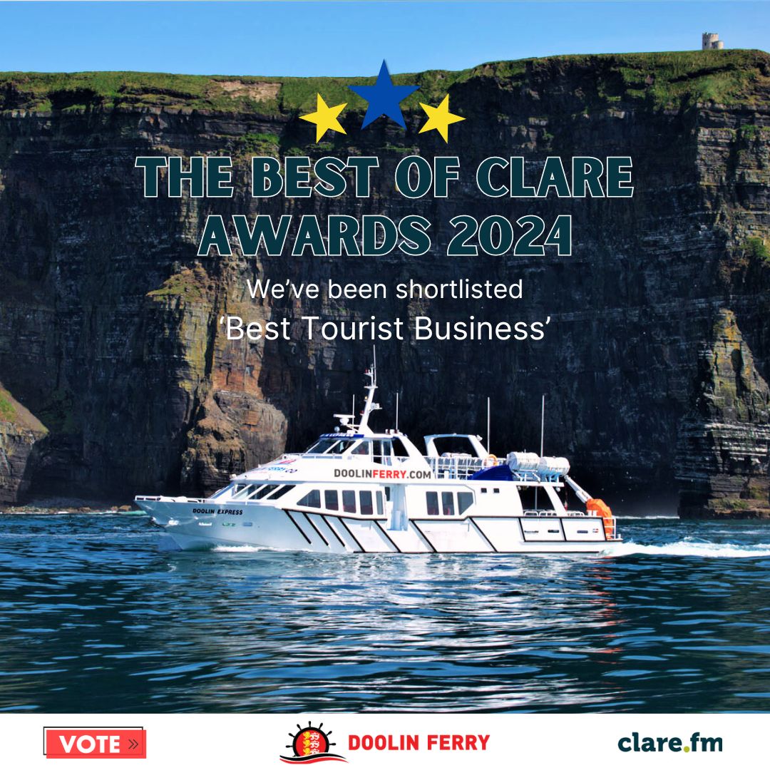 We are thrilled to be nominated as 'Best Tourist Business' in Co.Clare! Please vote for Doolin Ferry in The Best Of Clare Awards 2024: clare.fm/best-clare-awa… #clarefm #bestofclare #Awards2024 #doolinferry