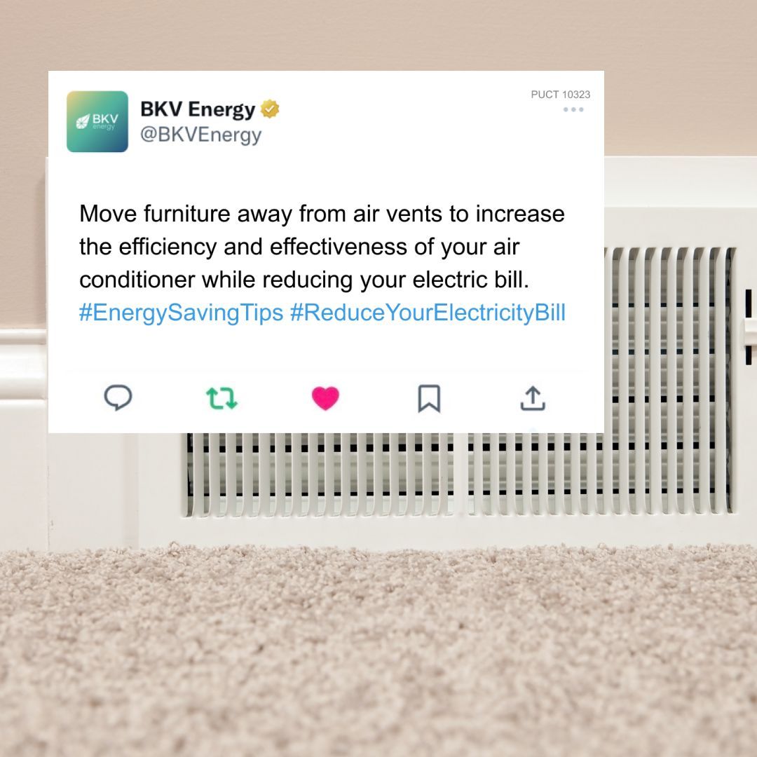 If you have furniture blocking your air vents, your air conditioner will not be as effective at cooling your home this summer. It will work harder, using more electricity and significantly increasing your bill. #bkvenergytips #electricitybills #energybills #howtosavemoney