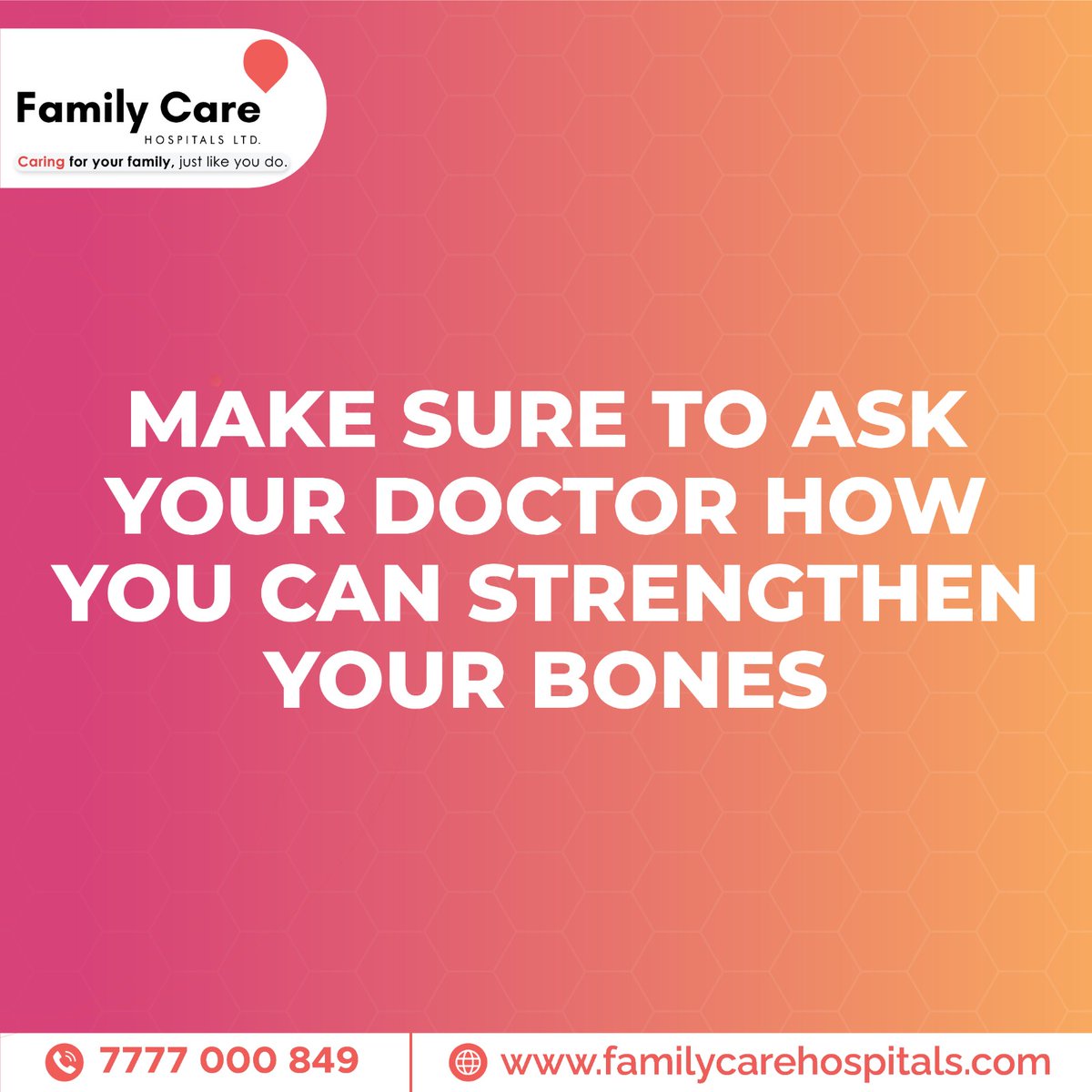 Osteoporosis is a condition that causes loss of bone density making bones fragile and more susceptible to fracture. There is a higher risk of osteoporosis in women after menopause. 

Call us Now @ +91 7777 000 849

#FCH #Familycare #FamilyCareHospitals #osteoporosis #Bonehealth