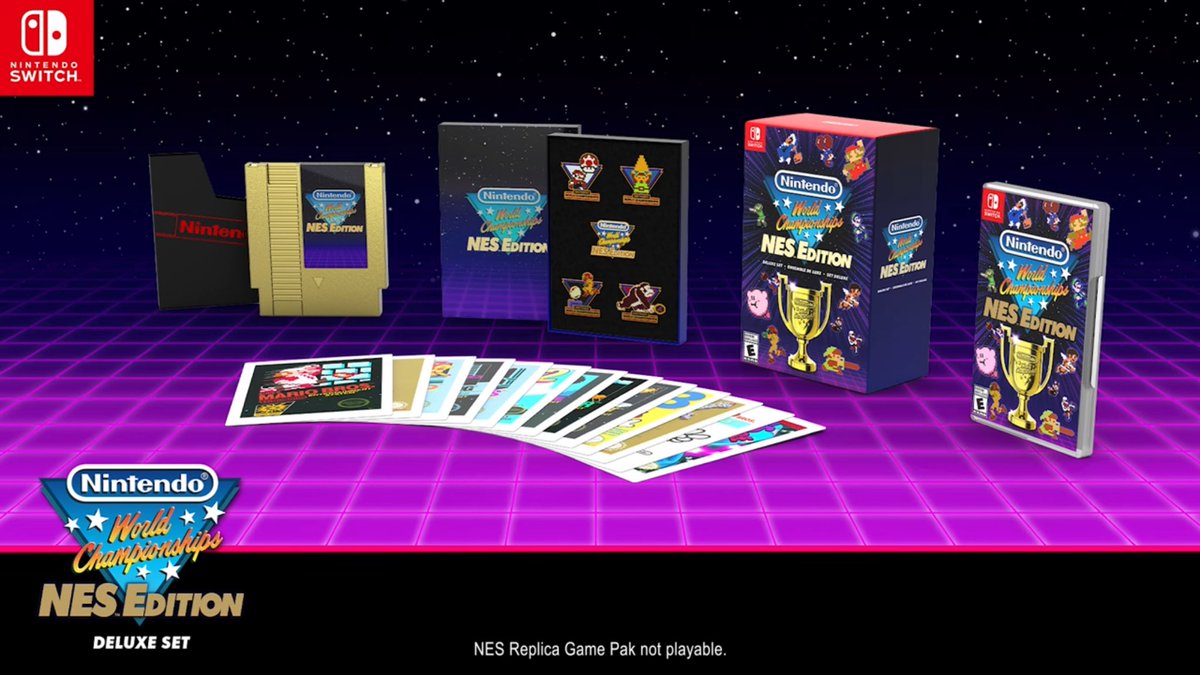 También se ha confirmado el Deluxe Set de Nintendo World Championships: NES Edition para #NintendoSwitch: 

- Versión física del juego
- 5 pins coleccionables
- 13 tarjetas de arte
- Replica dorada de Cartucho de NES (solo de adorno, se incluye el stand)