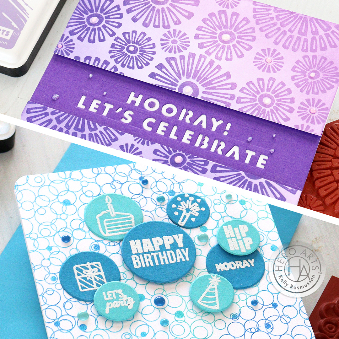 Create festive cards for all sorts of celebratory occasions with our brand new add-on products! 🎊 Today Kelly is sharing a fun pair of cards, both featuring multi-colored inking with new Bold Prints background stamps: heroarts.com/blogs/hero-art…