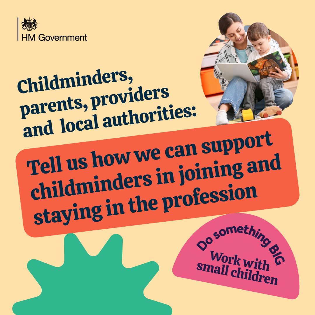 As we grow our childcare workforce, we want to encourage childminders to stay and flourish in the profession. Our start-up grant gives newly-registered childminders up to £1,200. We want to hear how we can support those in roles. Take the consultation⬇️ gov.uk/government/con…