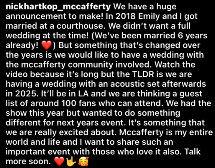 McCafferty_Band's tweet photo. nick and emily have announced that they will have a mccafferty-related wedding event in 2025! theyre looking to invite 100-ish people (quoted straight by emily lol) see more via the image provided :) https://t.co/s4HJ67Cvx8