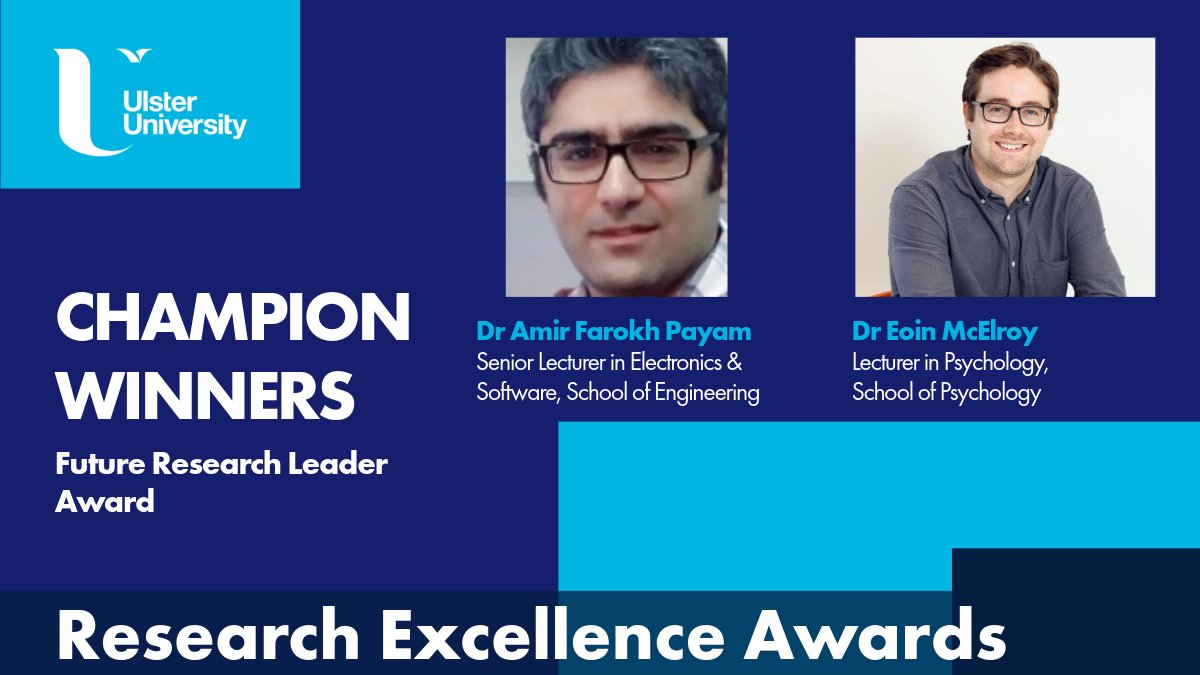 Moving on to our Research Champion Winners. 🏆 For Future Research Leadership, the Champion Award goes to Dr Amir Farokh Payam and Dr Eoin McElroy. #ProudOfUU