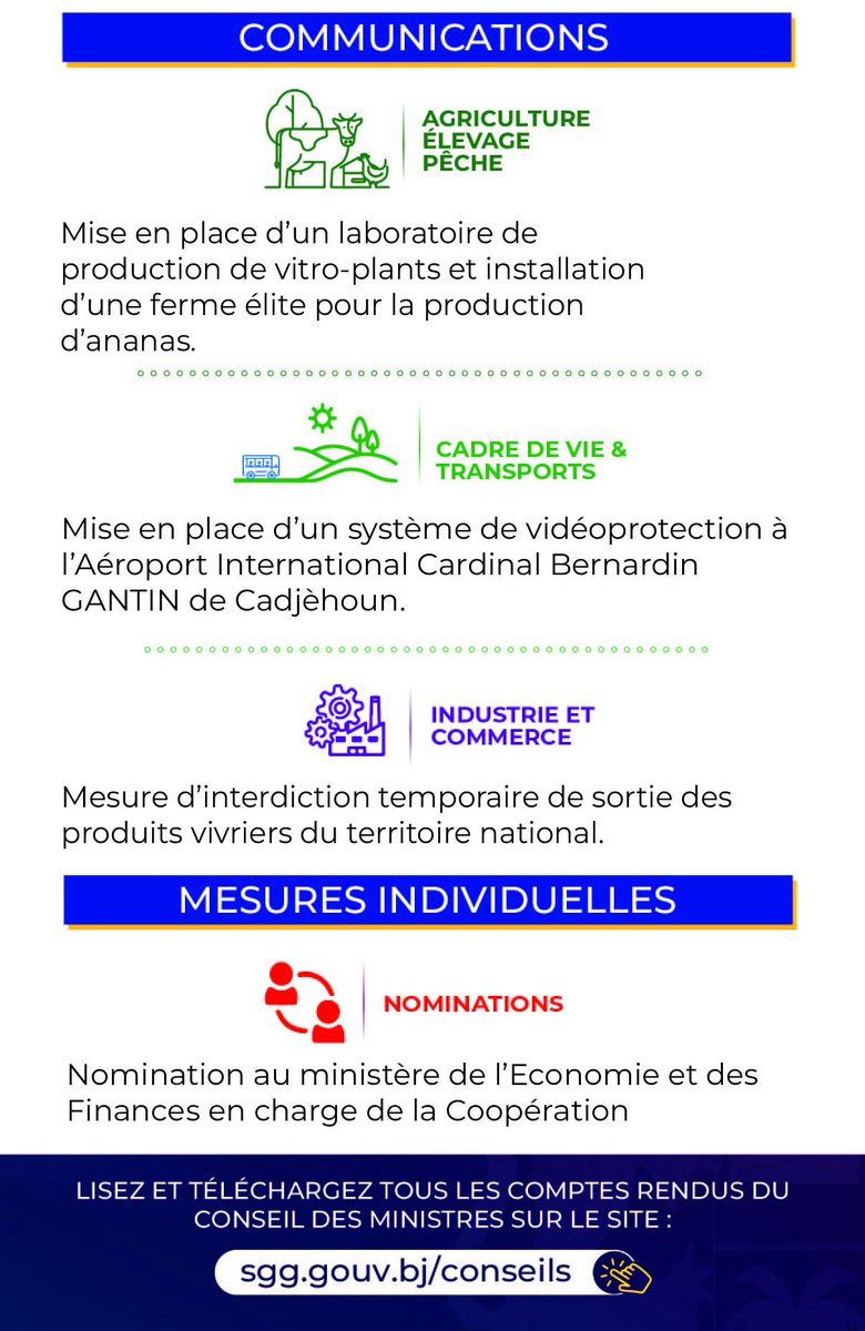 #ConseilDesMinistres | 🛑 Infographie récapitulative des grandes décisions du Conseil des ministres de ce Mercredi 08 mai 2024.