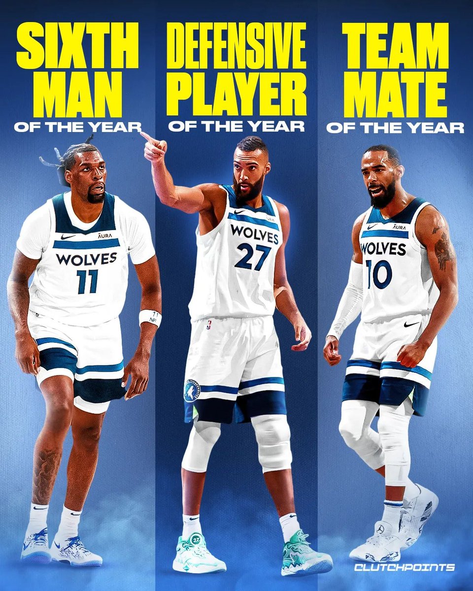The Timberwolves are taking all the individual awards this year 🏆 

🐺 Naz Reid won 6th Man of the Year
🐺 Mike Conley won Teammate of the Year
🐺 Rudy Gobert won Defensive Player of the Year

NBA championship next? 🤔