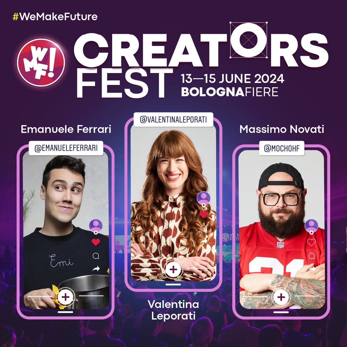 Al #WMF2024 partecipa al #CreatorsFest, l'evento dedicato al mondo dei Content Creator. Tra i primi creators che potrai incontrare: Emanuele Ferrari, Valentina Leporati e Mocho. Partecipa al Creators Fest acquistando il Mainstage Ticket o il Fiera Ticket. wemakefuture.it/ticket/