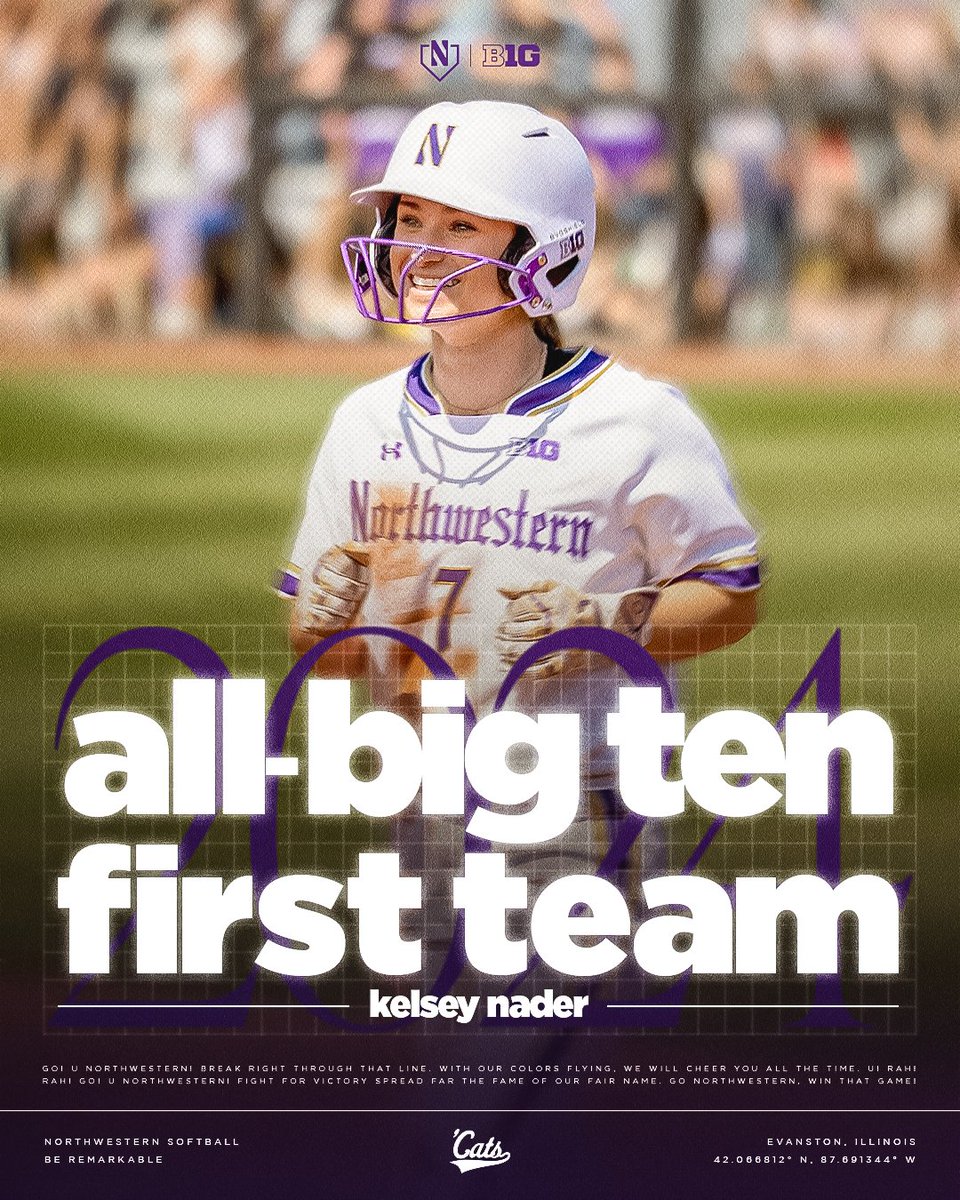 NUSBcats's tweet photo. First Team All-Big Ten: @kelsey_nader

🌟 .473 average in Big Ten play
👏 Team-leading 37 runs scored
💥 20 multi-hit games

#GoCats | #BeRemarkable https://t.co/CHn13EJSOH