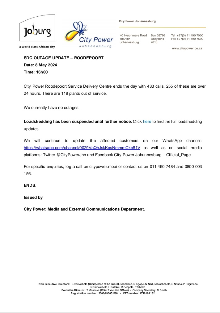 #CityPowerUpdates #CityPowerOutages #RoodepoortSDC No Medium voltage (MV) outages. Follow our Roodepoort SDC Whatsapp channel to stay informed and updated on outages and the latest developments: whatsapp.com/channel/0029Va… ^TM