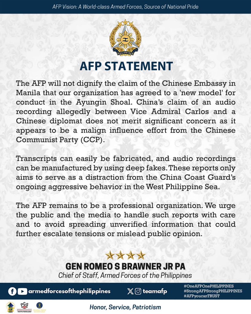 LOOK: AFP Statement on Chinese Embassy in Manila’s claim of a “new model” of conduct in the West Philippines Sea. #AFPyoucanTRUST #OneAFPOnePhilippines #StrongAFPStrongPhilippines