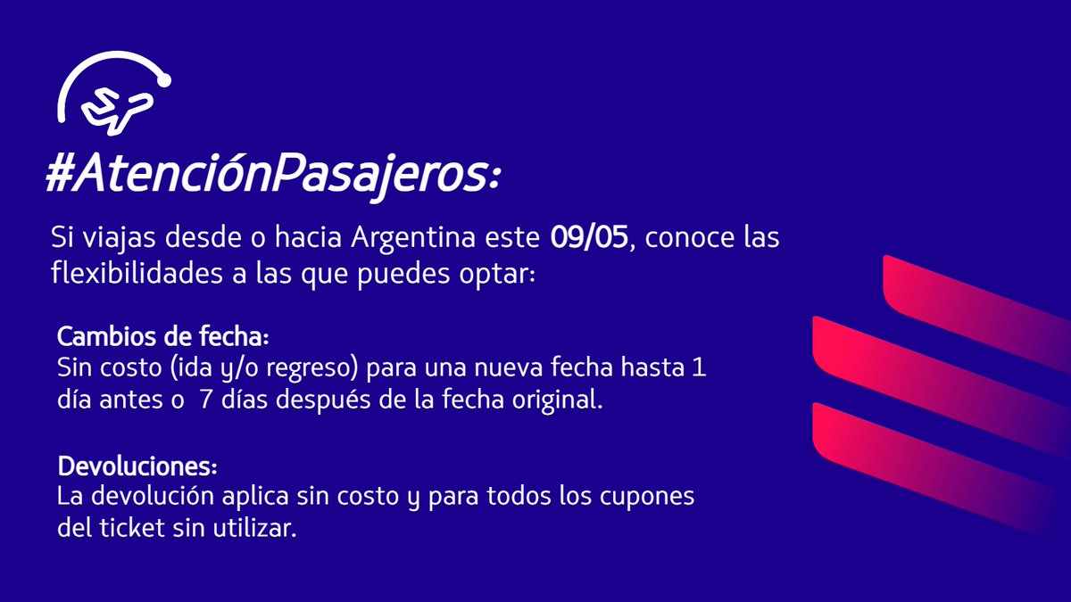 #AtenciónPasajeros: En virtud del paro nacional anunciado para el 09 de mayo en Argentina, estaremos entregando alternativas para los pasajeros afectados por la cancelación de vuelos para dicha fecha.