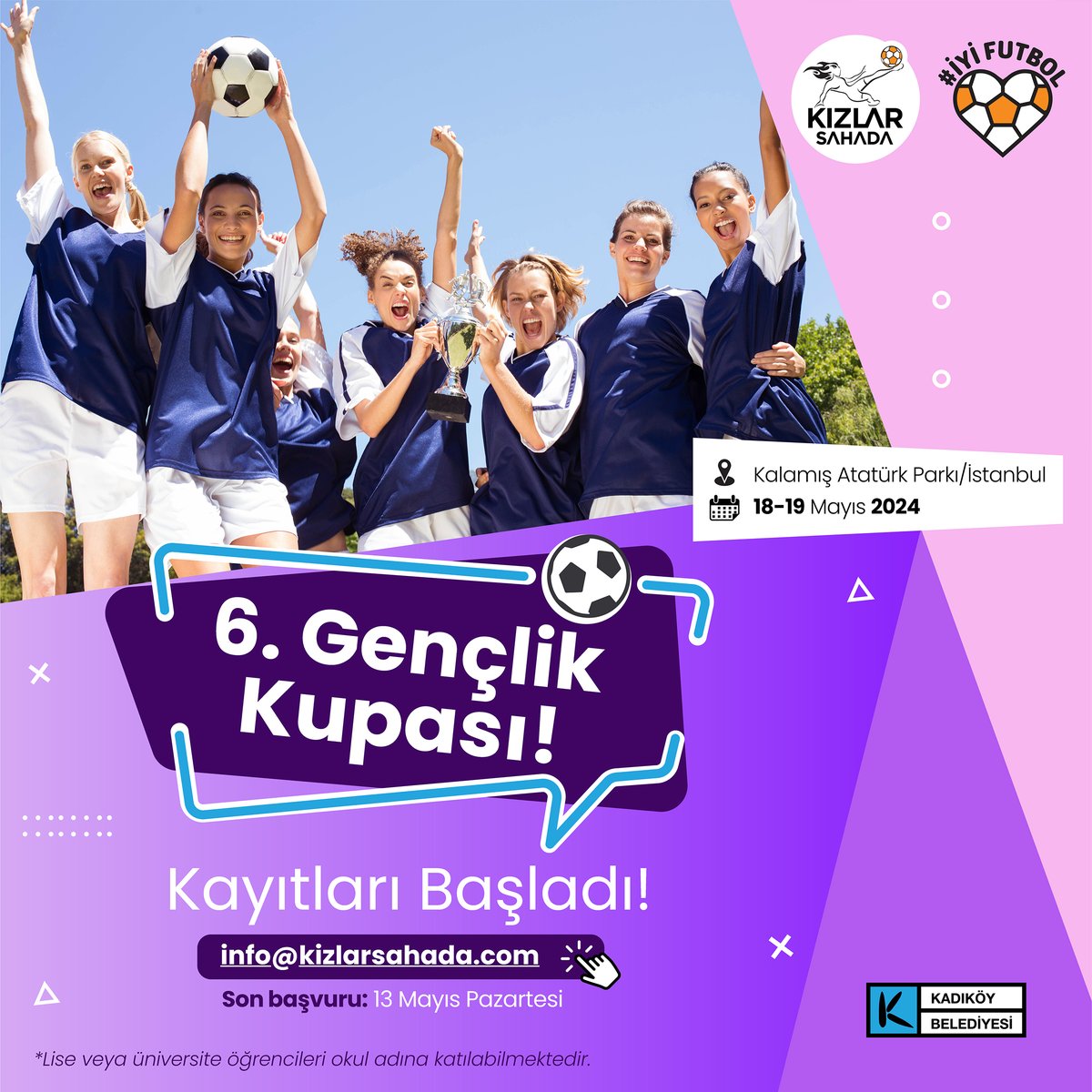 ⚽🏆 Gücünü yeşil sahada göstermek isteyen lise ve üniversite öğrencileri için 6. Gençlik Kupası kayıtları başladı! Kayıt ve detaylı bilgi için: 📩 info@kizlarsahada.com Whatsapp: +90 532 543 80 40