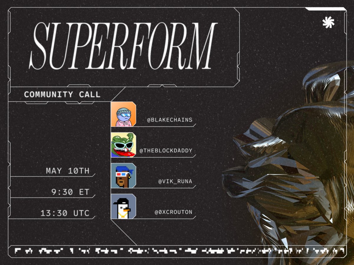 Join us this Friday, May 10th for the Superform Community Call 📞 Held in Superform Discord at 9:30 ET / 13:30 UTC Topics to be discussed: - Superform Safari 🦒 - Early Access update and SuperChads 💪 - Superform roadmap 🗺️