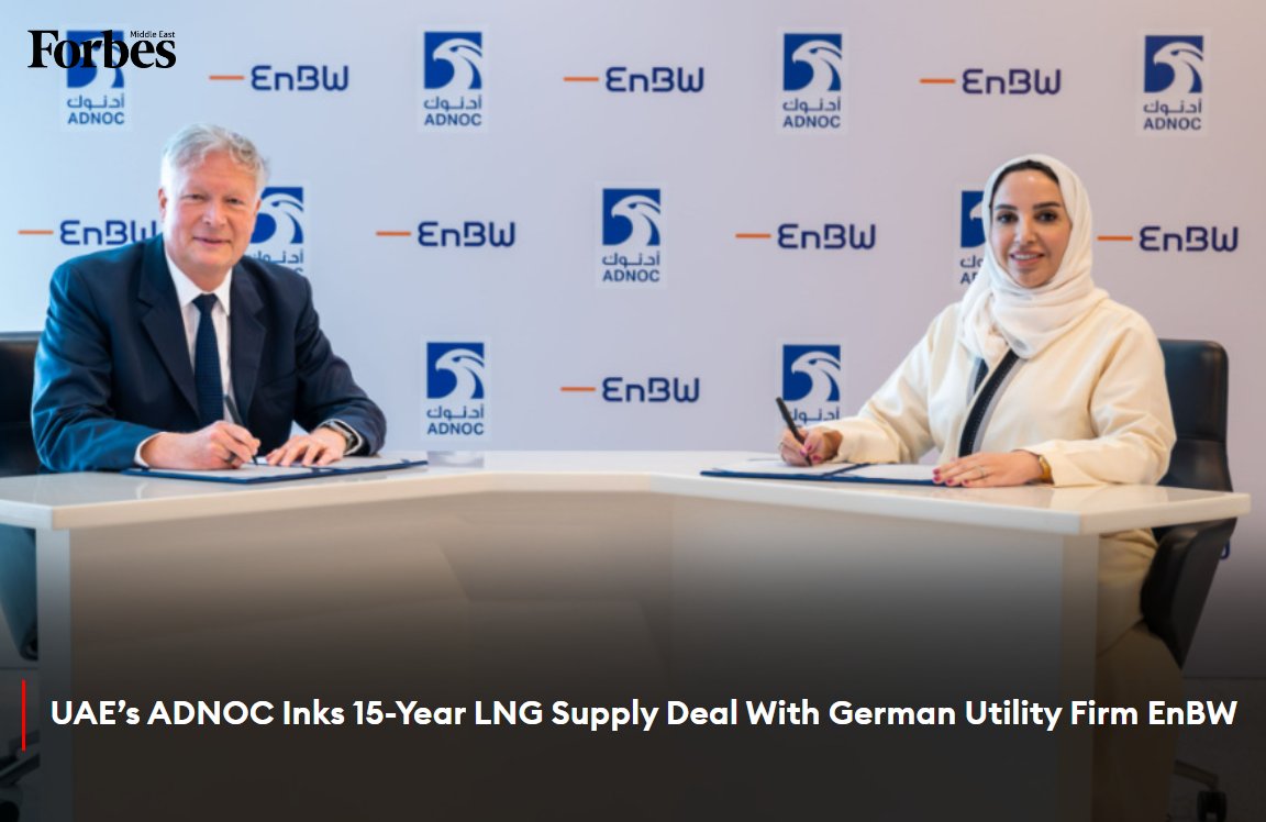 #AbuDhabi’s #ADNOC has signed a 15-year deal with #Germany’s EnBW to supply the utility company with a minimum of 0.6 million metric tons per annum of LNG. 

#Forbes 

For more details: 🔗on.forbesmiddleeast.com/64ve