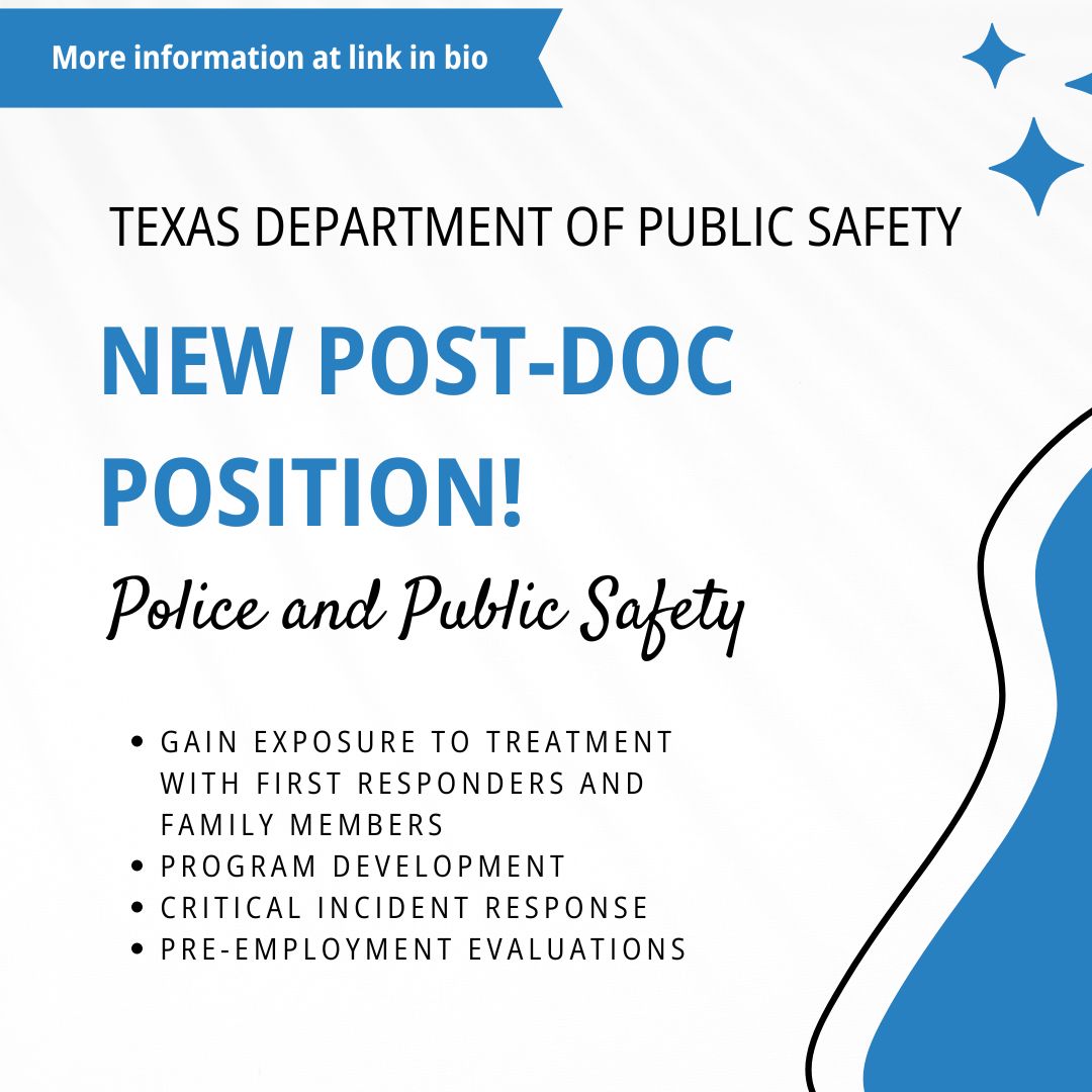 New Post-Doc position in the area of police psychology and public safety through the Texas Department of Public Safety! Now accepting applications. More information can be found here: linktr.ee/apls_sc