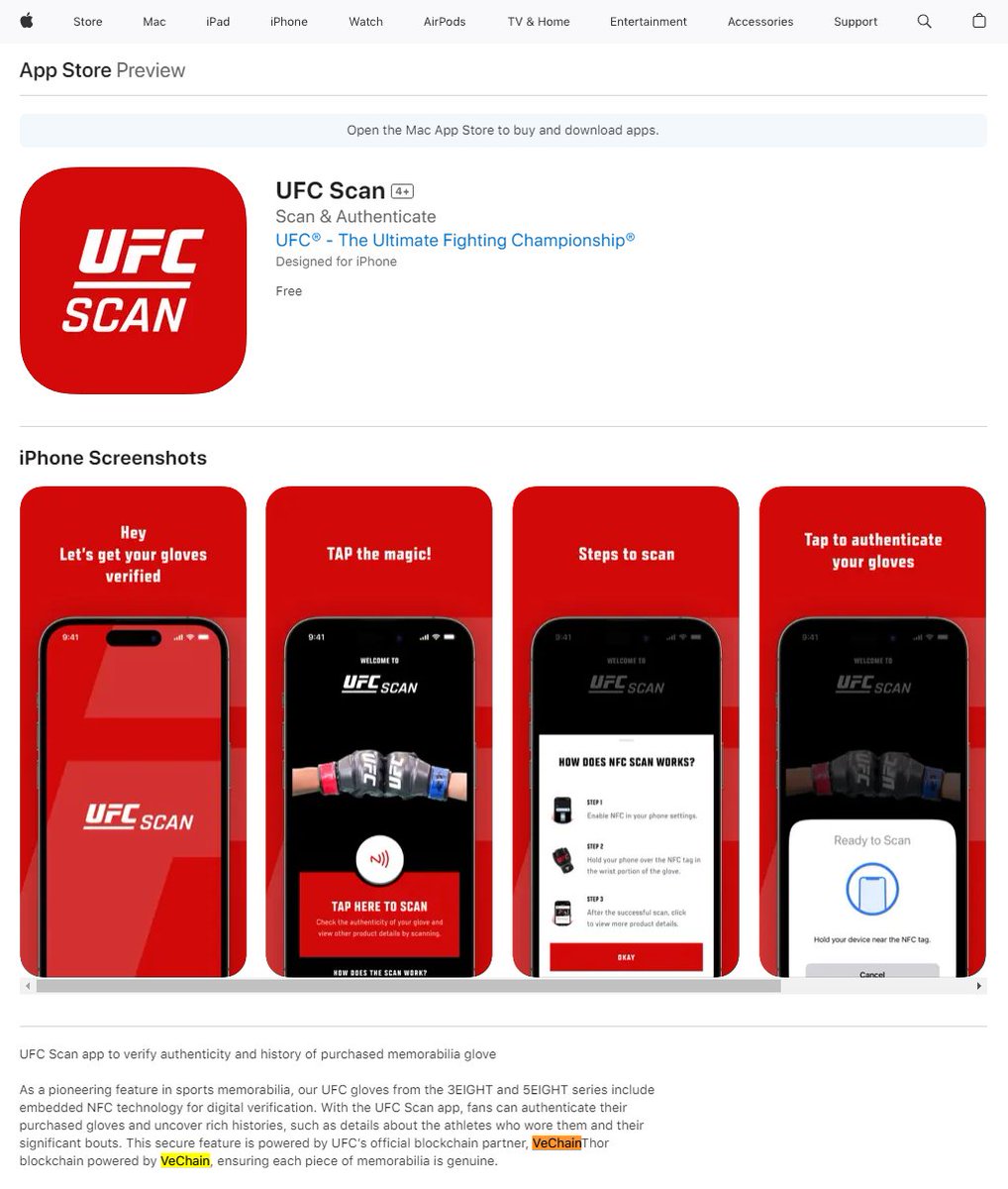 VeChain x UFC Scan 🥊 'Our UFC gloves from the #3EIGHT and #5EIGHT series include embedded NFC technology for digital verification, powered by UFC’s official #blockchain partner, VeChain.' ⛓️ #vechain $VET #UFC @ufc #Tech #Crypto #Bitcoin $BTC apps.apple.com/us/app/ufc-sca…