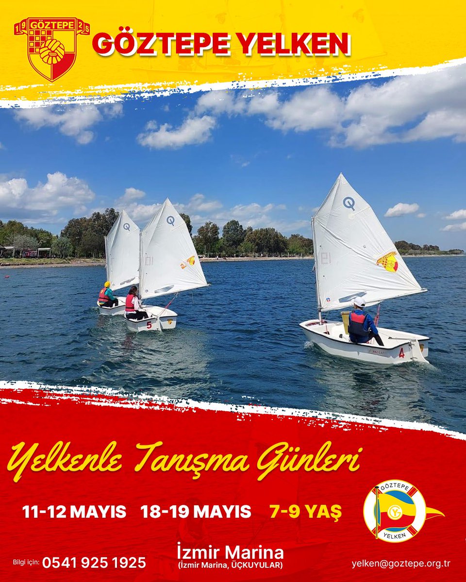 🟡🔴Haydi yelkenle tanışma günlerine!

⛵️Göztepe Yelken İzmir Marina yerleşkemizde çocuklarımızı yelkenli tekne ile tanıştırıyoruz.

Bu öğretici ve keyifli deneyimi yaşamak için 2015, 2016, 2017 doğumlu çocuklarımızı bekliyoruz.

#GöztepeOlimpik #GöztepeYelken