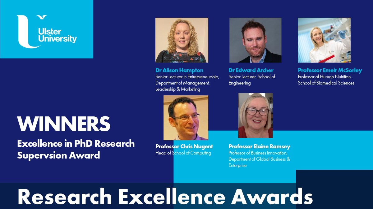Next is the Excellence in PhD Research Supervision Award, a new category this year. Our winners are: Dr Alison Hampton, Dr Edward Archer, Professor Emeir McSorley, Professor Chris Nugent and Professor Elaine Ramsey. #ProudOfUU