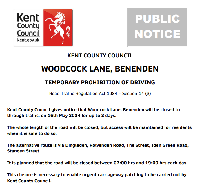 Benenden, Woodcock Lane. Road closures on 16th & 17th May (07:00-19:00 each day) for carriageway patching works: moorl.uk/?3yowzg #Kentpotholes