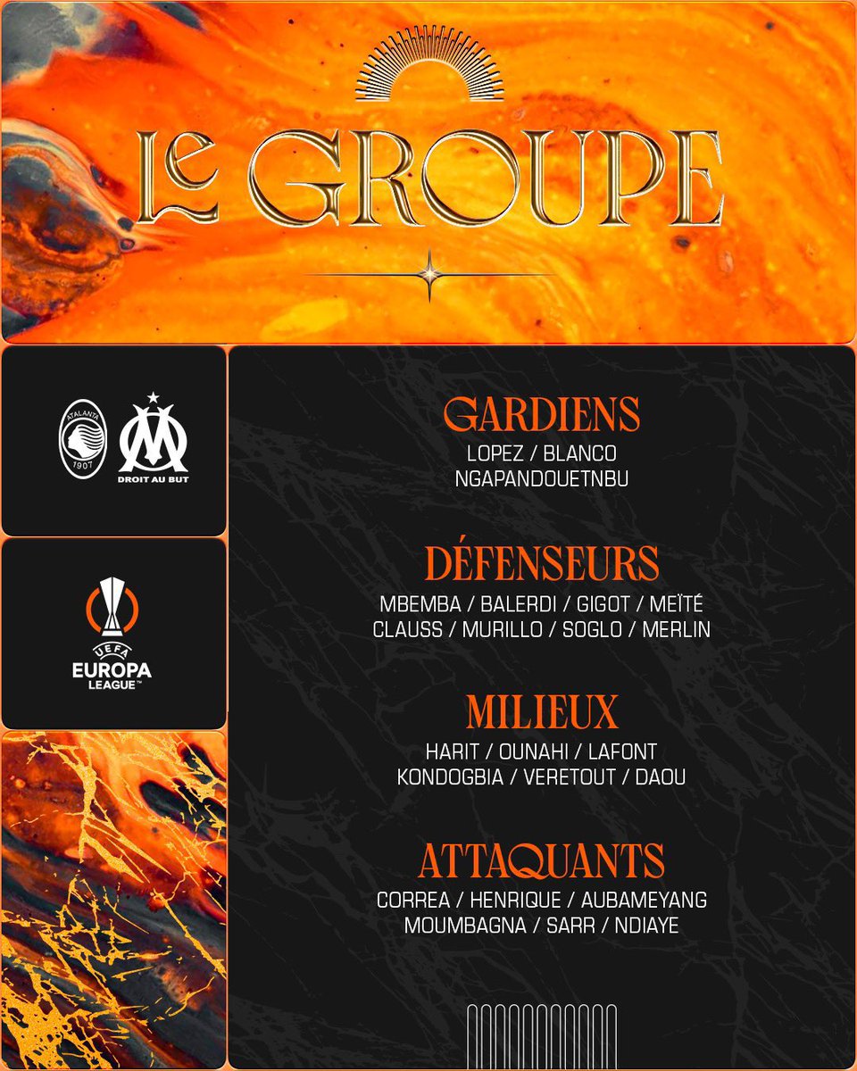 ⚔️ Voici le groupe retenu par Jean-Louis Gasset pour le match retour contre l’Atalanta ! ✅ Le retour de Bamo ! #TeamOM | #ATAOM