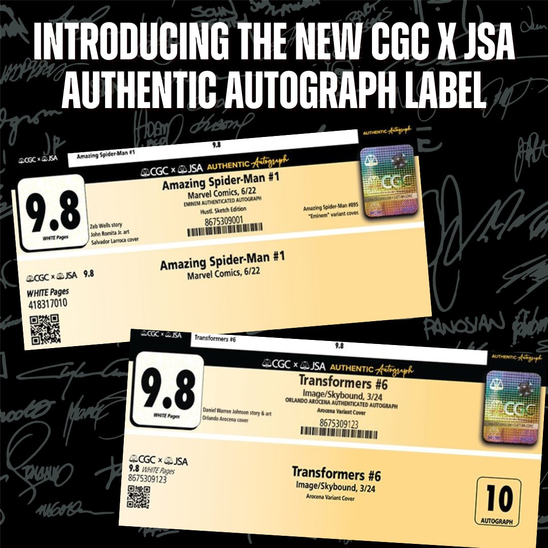 CGC Comics and JSA is proud to introduce the ✨NEW✨ CGC x JSA authentic autograph label! Your autographed comics will now get a sleek upgrade with the bold CGC x JSA Authentic Autograph black and yellow label. Learn more by visiting cgc.click/h33