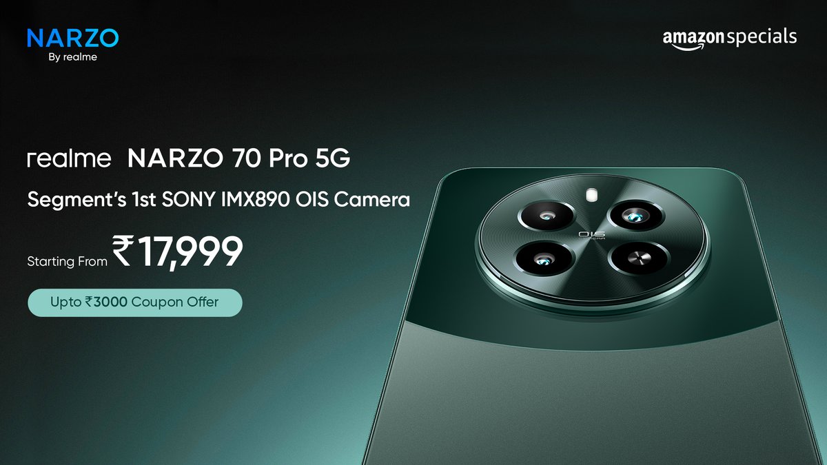 Better camera with an even better price! The #realmeNARZO70Pro5G boasts segment 1st Sony IMX890 starting from ₹17,999*. Grab coupons with an off up to ₹3,000! *T&C Apply Buy Now on @amazonIN: amzn.to/43OYDdf