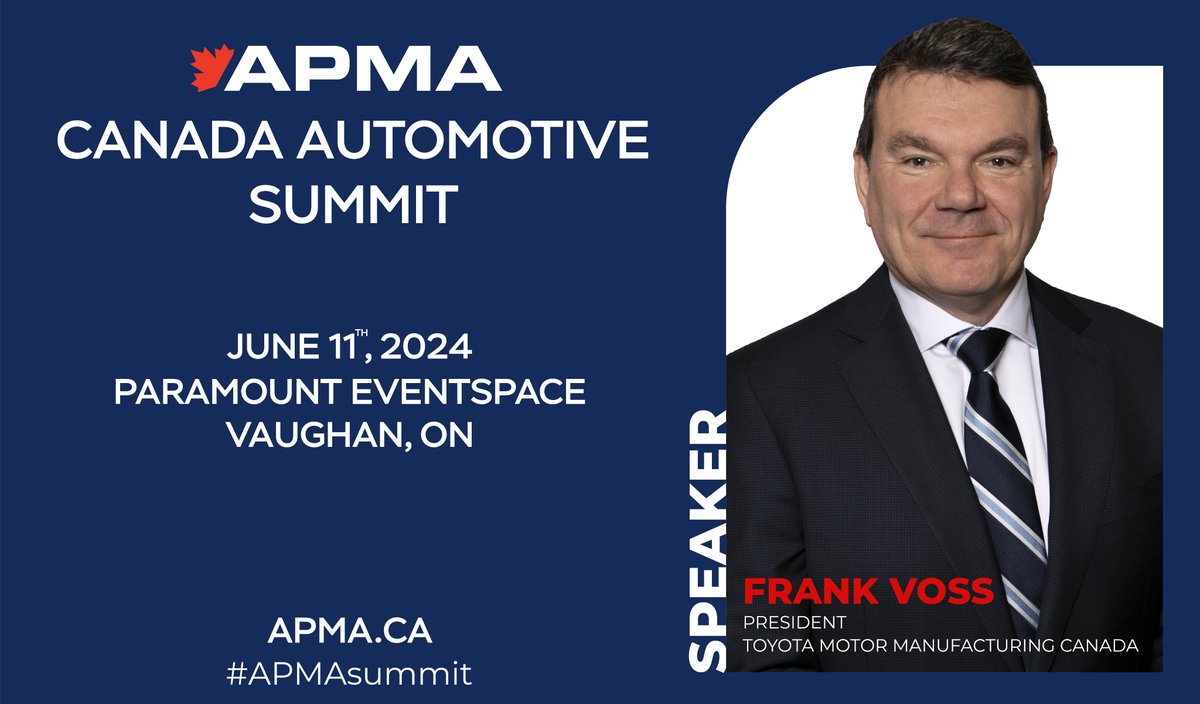 #BIGNEWS! Frank Voss, president of @ToyotaMfgCanada , will be joining us at the Canada Automotive Summit on June 11. Get your ticket here: eventbrite.ca/e/canada-autom… #APMAsummit #TMMC