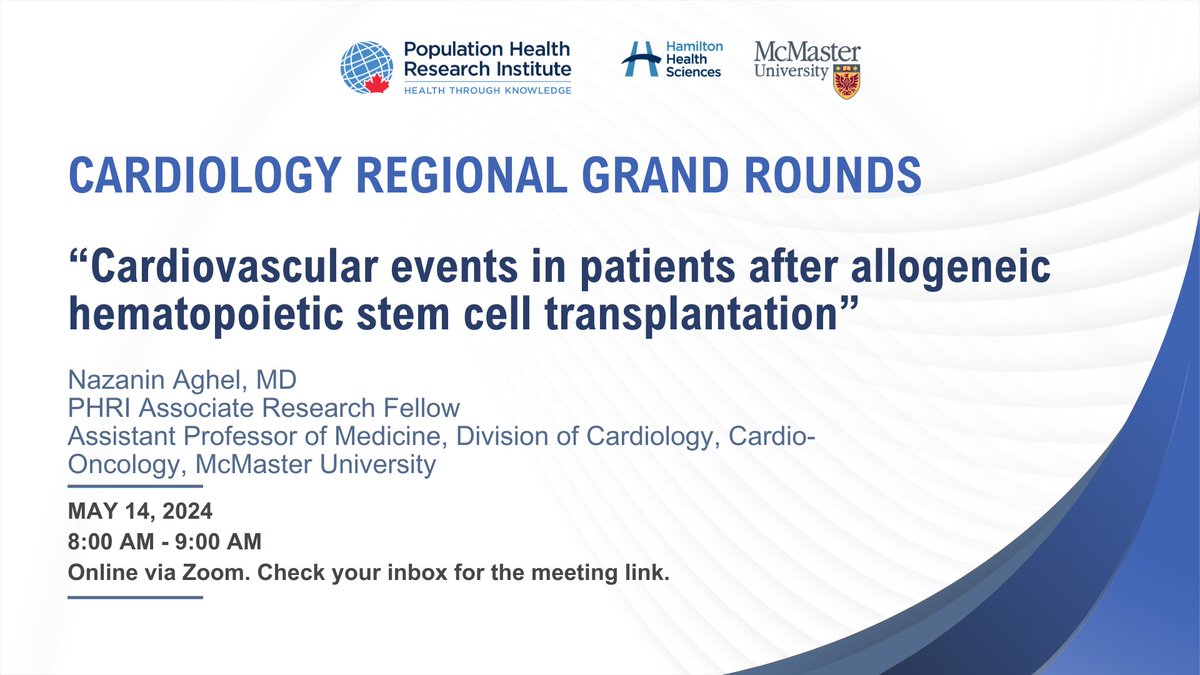 📢 Calling all @MacDeptMed & #PHRI researchers! Don't miss out on our upcoming #Cardiology Regional Grand Round featuring #PHRI Associate Research Fellow Nazanin Aghel. 🔗This round is virtual. Keep an eye on your inbox for the meeting link! @CardioOncology1 @hvanspall #research