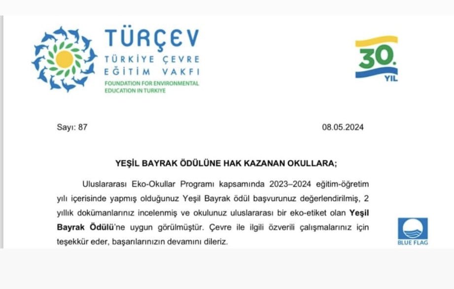 Uluslararası Eko-Okullar Programı kapsamında iki yıldır yürüttüğümüz “Çöp ve Atık Temalı” Eko-Okul çalışmalarımız “Yeşil Bayrak”ödülüne layık görülmüştür.Eko-Okul koordinatör öğretmenleri, eko tim öğrencileri ve değerli idarecilerimize teşekkür ederiz.🌱🌱♻️