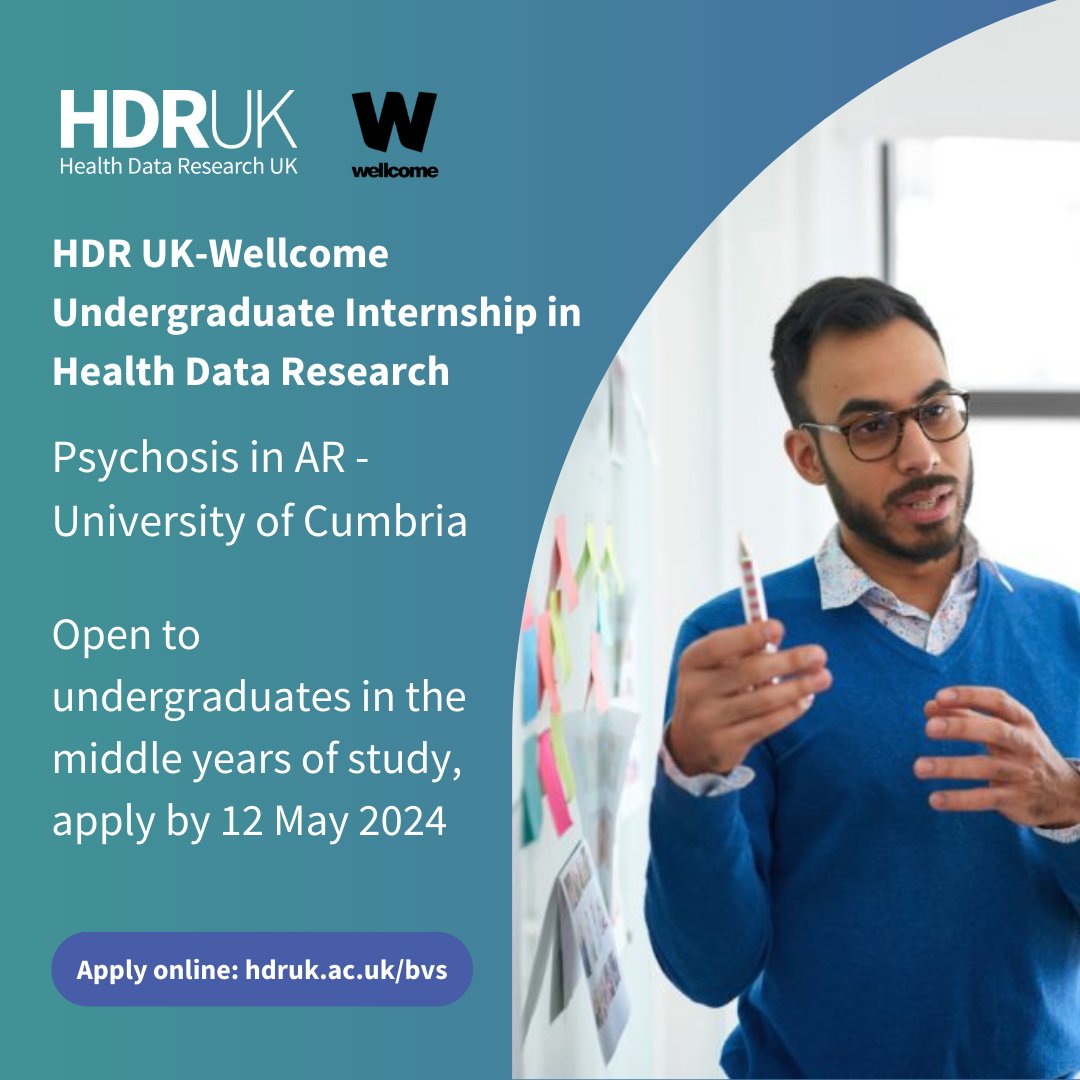 Exciting opportunity! We have four paid NortHFutures-hosted internships with @HDR_UK! Interested in an internship in 🖥️ Psychosis in AR at @CumbriaUni? Open to UK/Ireland STEM undergrads. Apply by 12 May 2024: oplb.uk/hdrukintern #HealthDataResearch #UndergradInternship