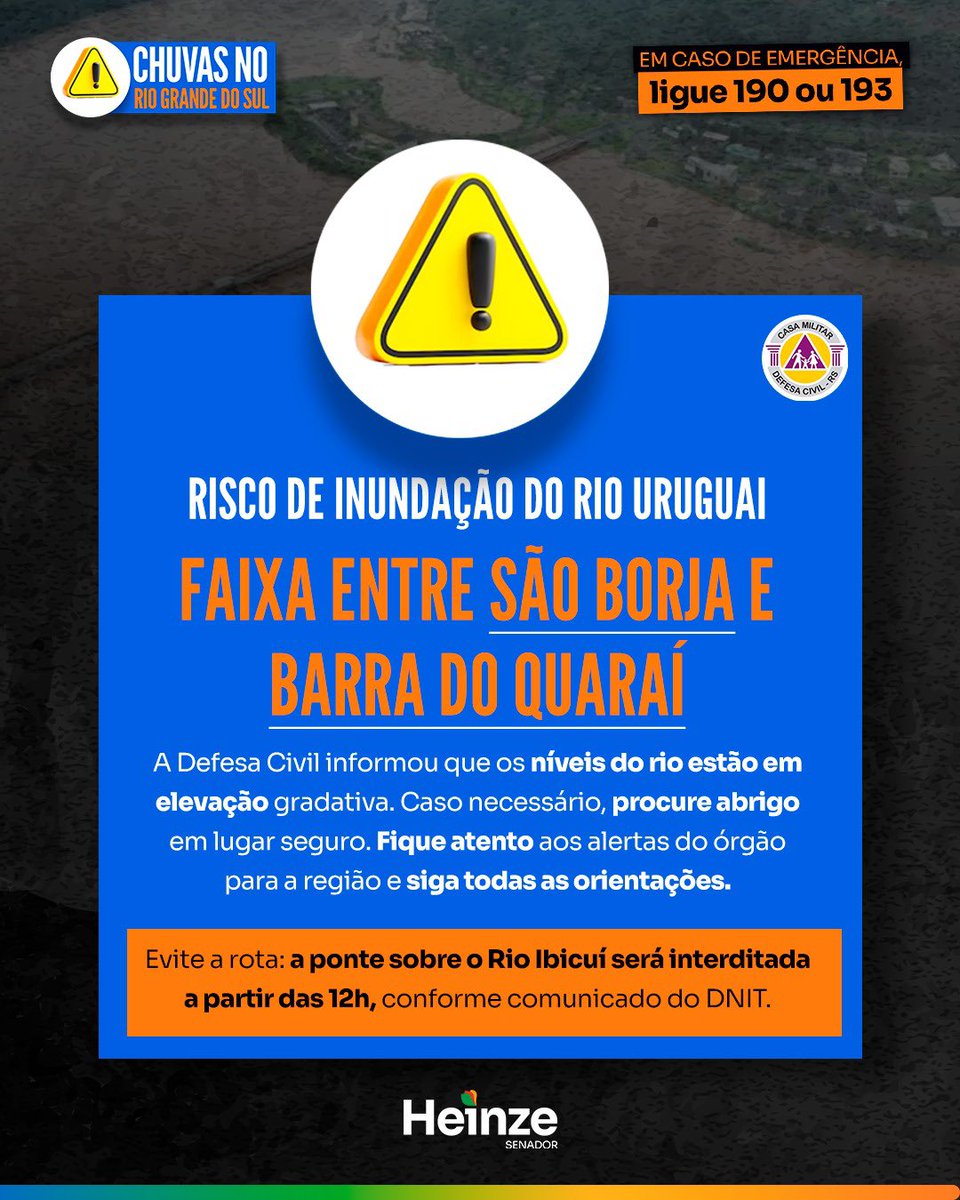 ⚠️ Alerta de segurança para São Borja e regiões: passe adiante. Siga as orientações da @defesacivilrs. . . . #Enchentes #AlertaDeSegurança #RioGrandeDoSul