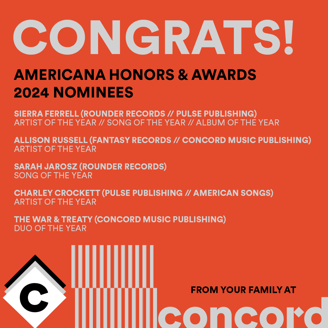 Congratulations to all of our Concord family nominated for @AMERICANAFEST 2024Honors & Awards!

@RounderRecords  @fantasyrecords  @concordmusicpub  @PulseRecording