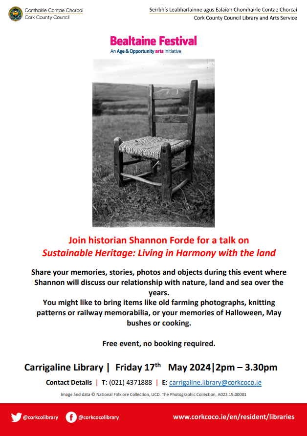 Join Historian Sharon Forde in Carrigaline Library for a talk on Sustainable Heritage: Living in Harmony with the Land on Friday 17th May at 2pm. All are welcome ! No Booking required! #Heritage #BealtaineFestival #librariesIreland #Carrigalinelibrary