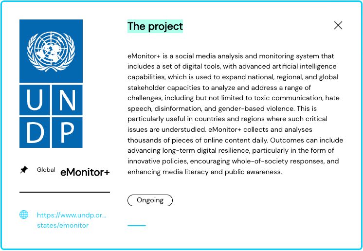 ✨ New project in the #OpenKnowledgeRepository 📌 eMonitor+ by @UNDPArabStates is a suite of innovative digital tools leveraging #AI to promote information integrity. 👉🏾 Learn more at network.okfn.org/project/emonit… and undp.org/arab-states/em… ➕ Add yours: network.okfn.org/project/