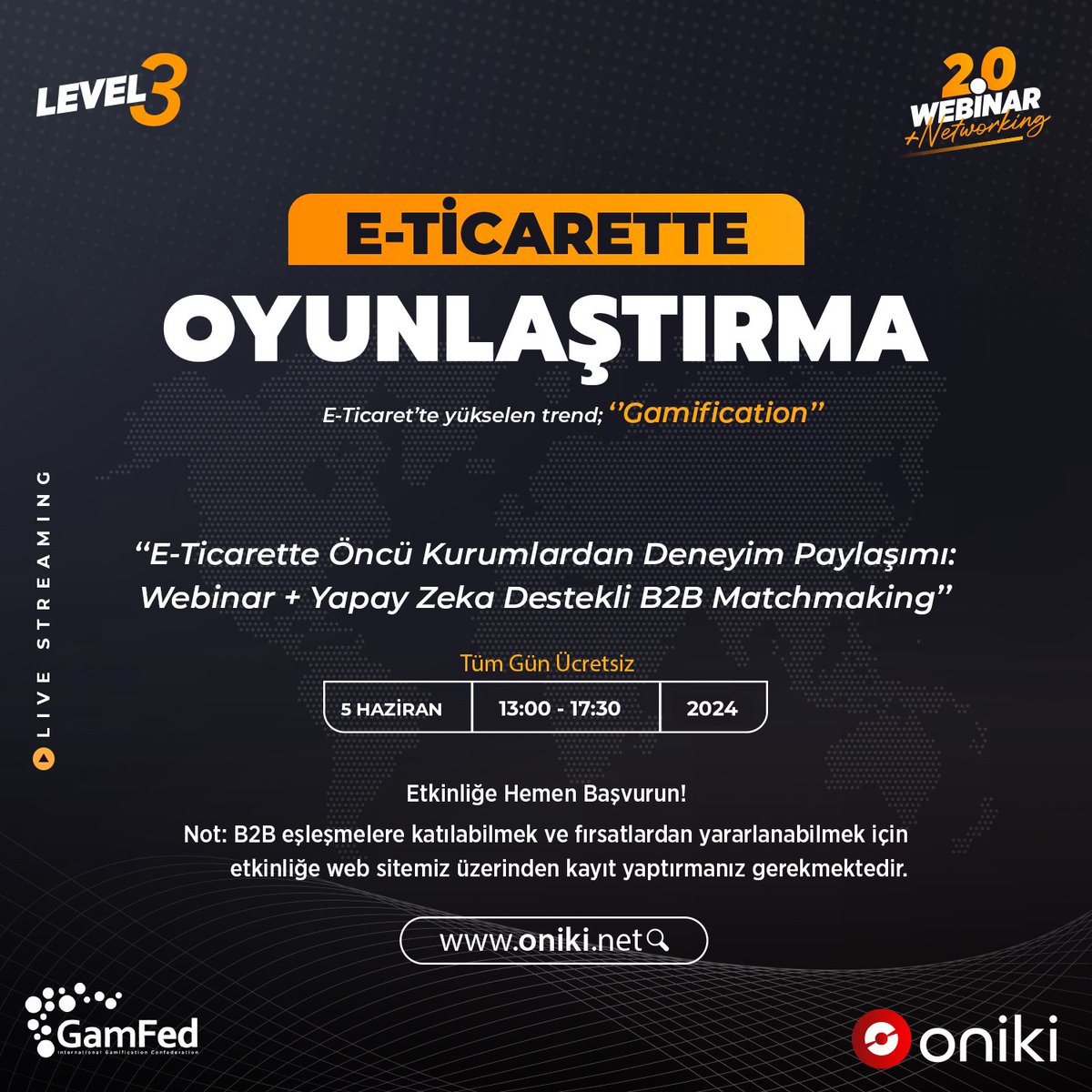 Beklenen etkinlik için geri sayım başladı⏳ E-Ticarette Yükselen Trend: Oyunlaştırma webinarı Level 3 versiyonuyla yeniden sizlerle🎉🎊 Oniki.net işbirliğiyle 5 Haziran'da gerçekleşecek etkinlik için detaylar👇 🔗oniki.net/etkinlik/gamfe… #eticaretteoyunlaştırma