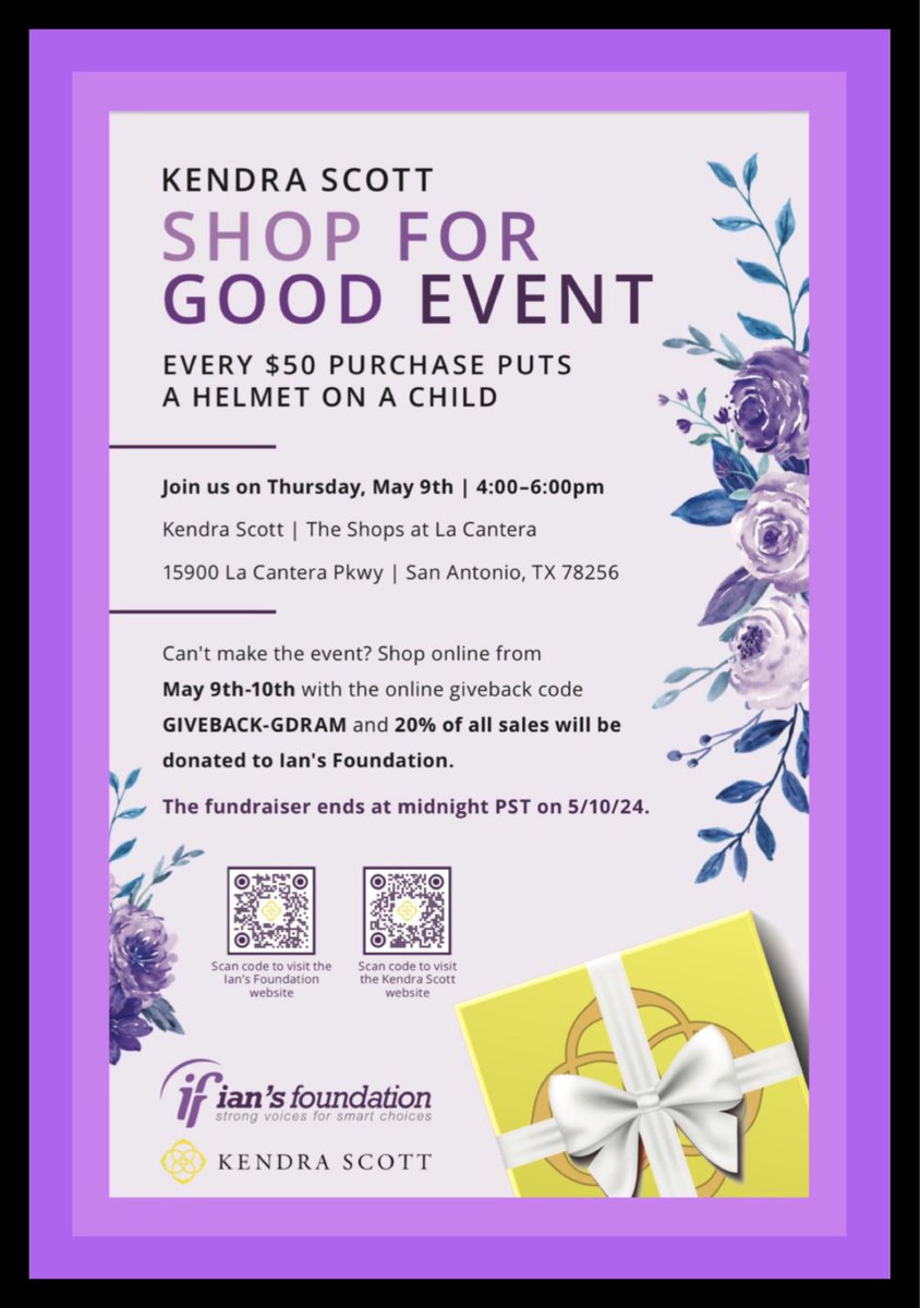 Reminder! Kendra Scott Fundraiser tomorrow, Thurs May 9th. Shop at the La Cantera location from 4-6PM or shop online from 5/9-5/10 with the online promo code GIVEBACK-GDRAM and 20% of all purchases will be donated to Ian's Foundation. All sales apply! Thank you!💜