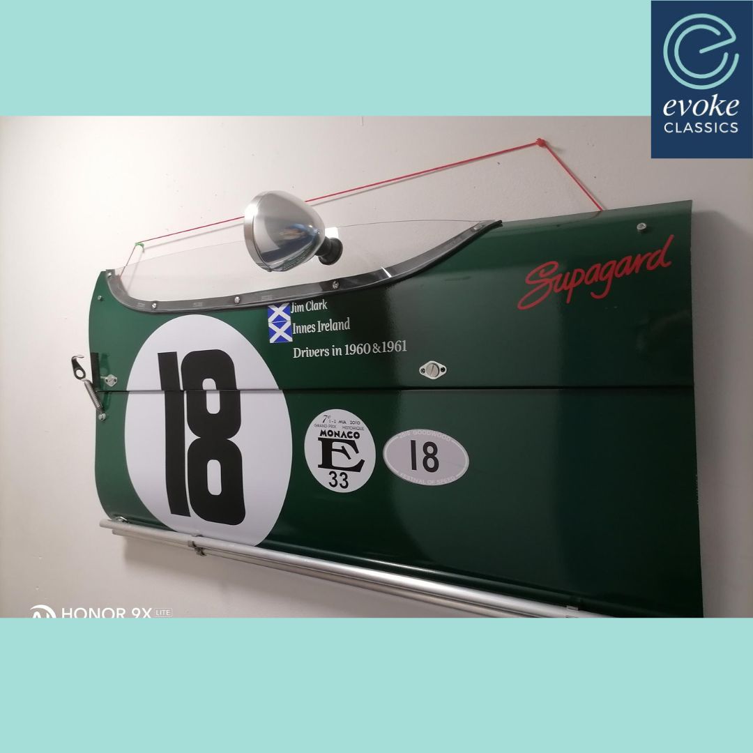 LIVE AT AUCTION Lotus 18 chassis number 372 replica door panel evoke-classics.com/auction/#/lots… + Replica of the Jim Clark Lotus 18 Chassis # 372 + Unique hand formed aluminium door panel + Fitted with steel safety cables and ready to hang #ManCave #GarageIdeas #ManCaveIdeas