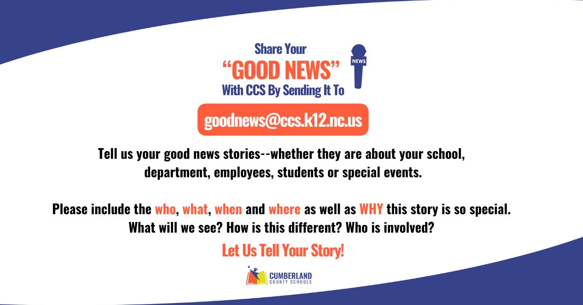 Share the positivity with Cumberland County Schools! 🎉 Academic achievements, sports successes, and teacher accolades – we want to celebrate them all! Submit your 'good news' to goodnews@ccs.k12.nc.us. 📩 #CCSStrong #ShareTheGood